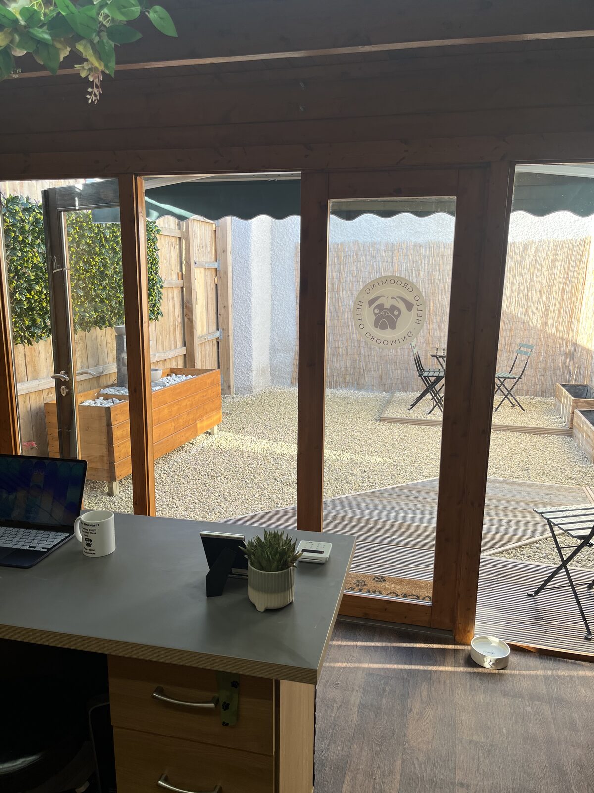The salon desk looking out to the private courtyard